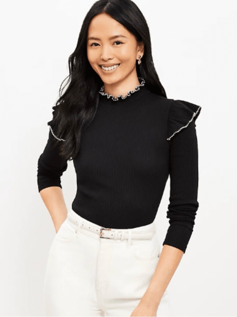 LOFT Black Pointelle Ruffle Ribbed Top